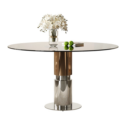 Table de salle à manger ronde en verre de 35 pouces, plateau en verre trempé, pieds en acier inoxydable, pouvant accueillir de 2 à 4 personnes. Petite table ronde brune foncée convenant aux restaurants et aux appartements. (W509S00161)