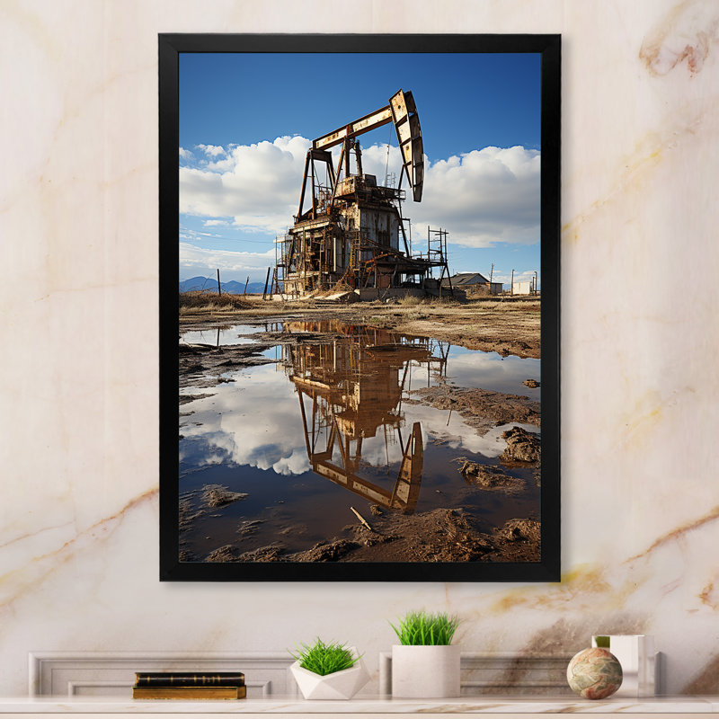 «Oil Drilling Rig Fields Horizon I», reproduction sur toile, Cadre simple noir, H 20 po x l 12 po x P 1 po