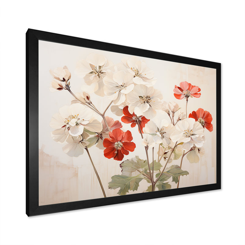 «Minimalisme rouge et beige géraniums», reproduction sur toile, H 12 po x l 20 po x P 1 po, Cadre simple noir