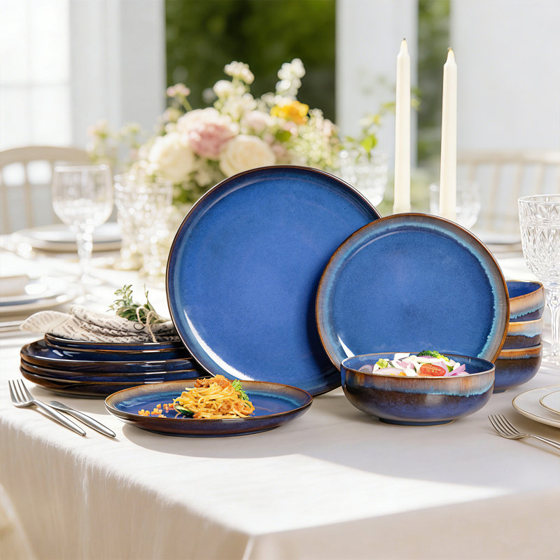Service de table 12 pièces en grès bleu, service pour 4