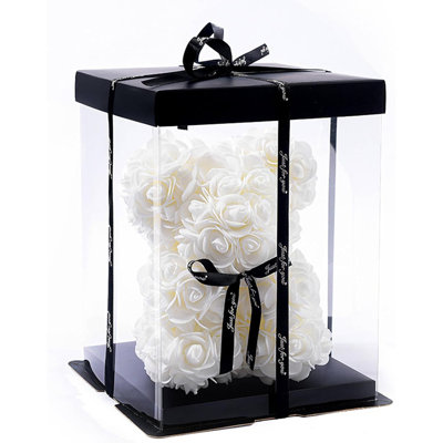 Rose Bear Rose Teddy Bear, 10 Inch Artificial Rose Flower Bear, Gift For Wedding, Mothers Day And Anniversary, Including Transparent Gift Box