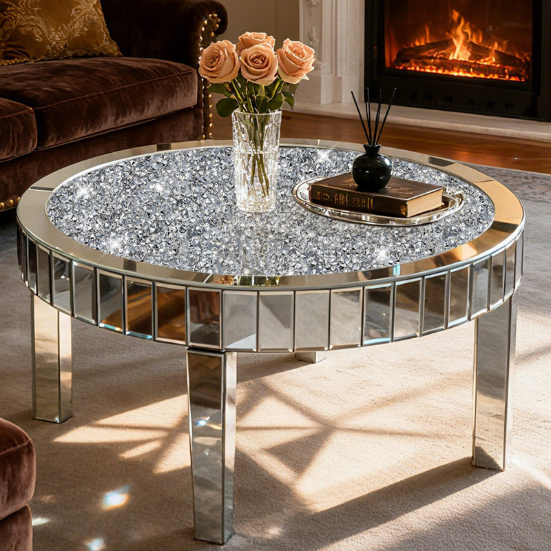 Round Coffee Table Mirrored Diamonds Inlay