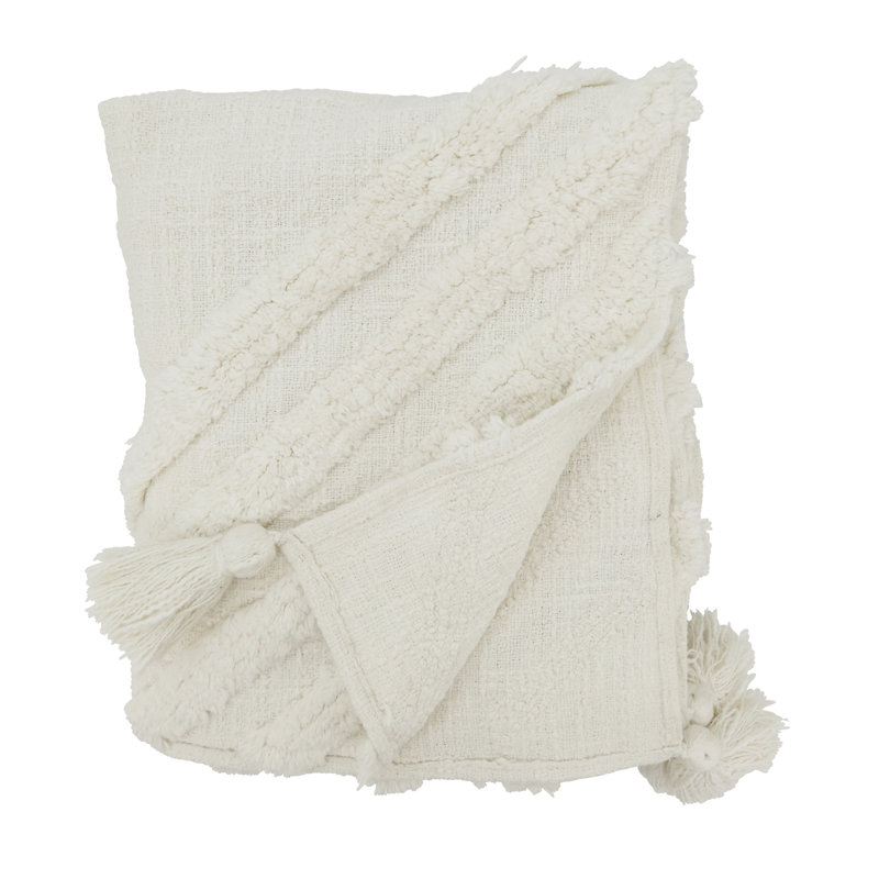 White Cotton Textured Tufted Throw with Tassels