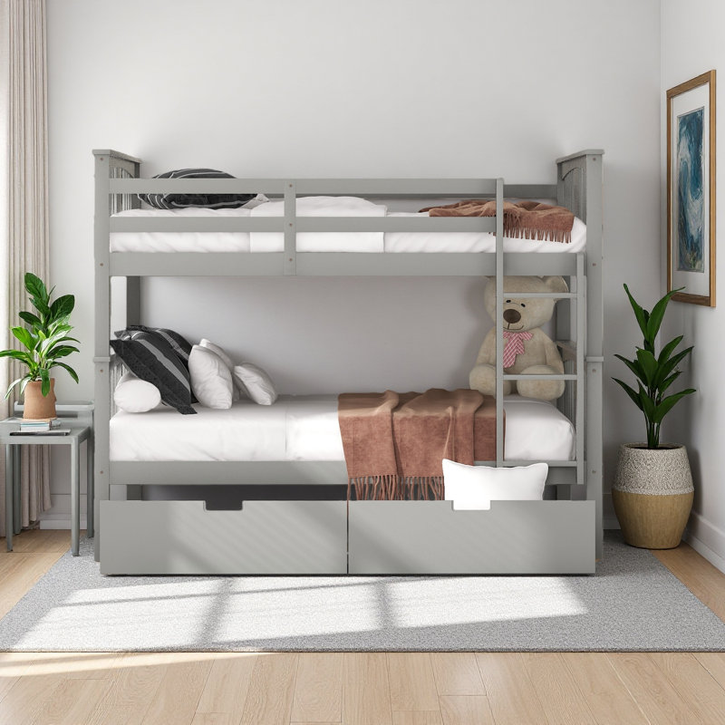 Lit superposé double au-dessus de double avec tiroirs et échelle pour chambre à coucher, Gris