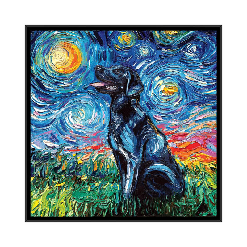 Reproduction d’art, "Black Labrador night I" par aja Trèves, H 18 po x l 18 po x 1,5 po, Toile avec cadre noir, Pas de tapis