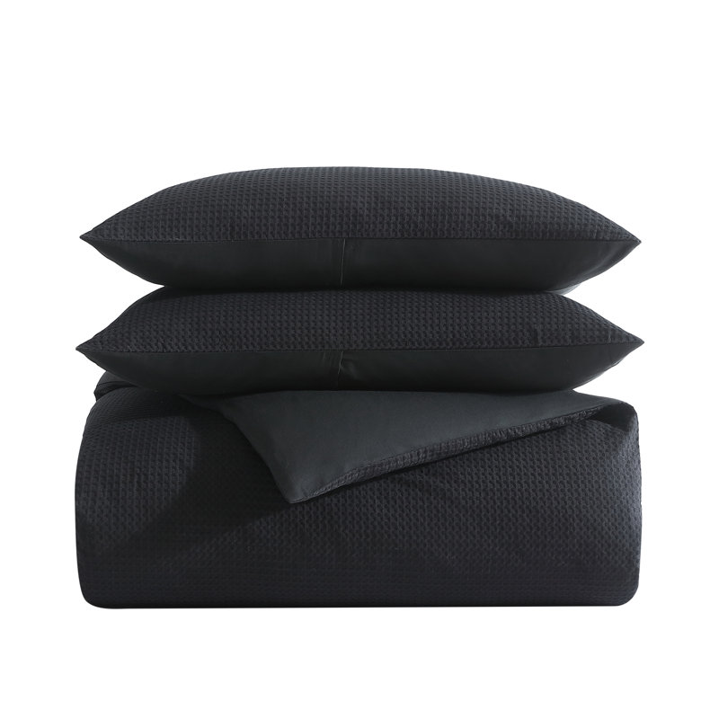 Waffle Pique Standard Cotton Reversible 3 Piece Comforter Set, Black, King Comforter + 2 King Shams