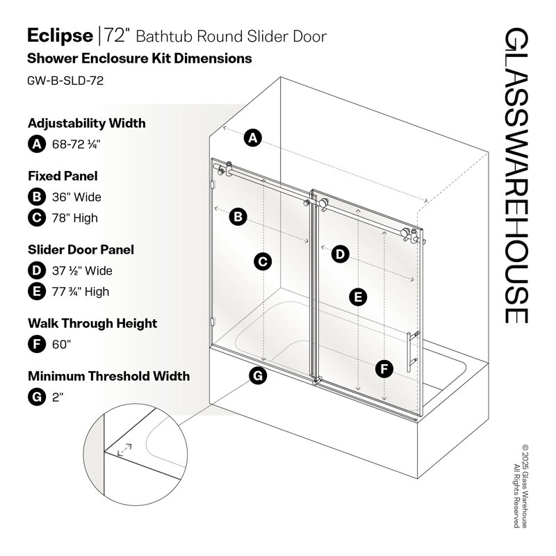 Eclipse 68 - 72 in. x 60 in. Fully Frameless Sliding Bathtub Door, Brushed Bronze