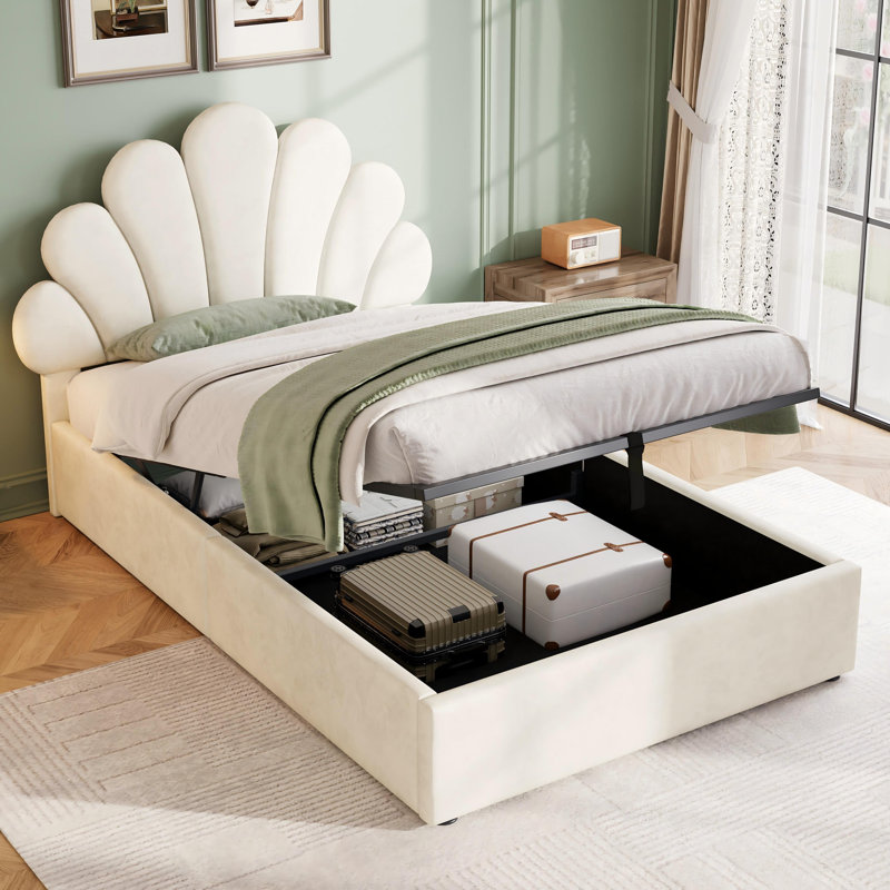 Double Size Ottoman Bed Velvet, White, Double (4'6)