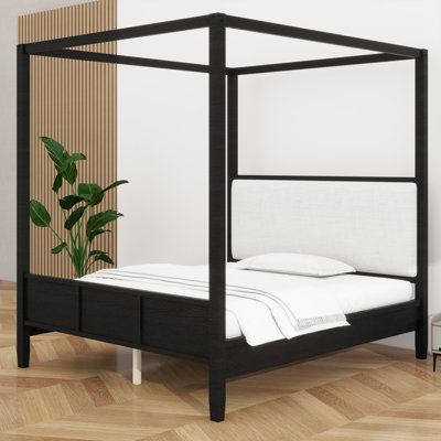 Stylish Canopy Platform Bed, Solid Wood Construction Bed with Comfortable Upholstered Headboard