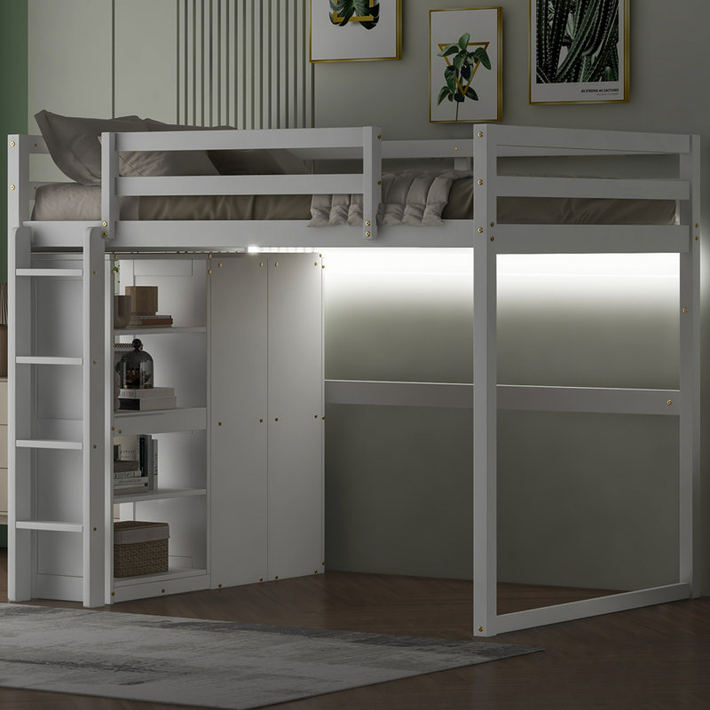 Lit mezzanine en bois avec garde-robe intégré et tablettes de rangement, lumière DEL, Blanc