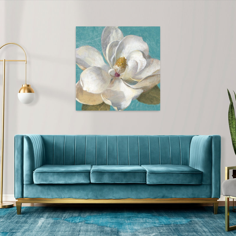 Art traditionnel turquoise avec des fleurs bleues, H 36 po x l 36 po