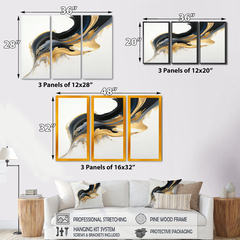 Donalynn noir, blanc et or liquide I - 3 pièces sur toile, H 28 po x l 36 po x P 1 po, Toile tendue