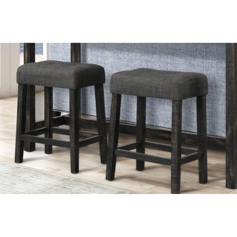 Ensemble bar/salle à manger transitionnel 3 pièces - Table en bois massif avec rangement intégré et prise électrique, tabourets recouverts de lin, noir anthracite, style rustique, table de 152 cm (60 pouces), 2 places, rectangulaire.