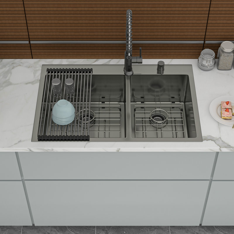 Évier de cuisine à double cuve à montage sur plan - Évier de cuisine à double cuve en acier inoxydable de calibre 16 avec deux cuves profondes de 10 po x 33 po x 22 po x 10 po (60/40)