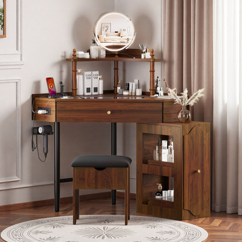 Ensemble de meuble-lavabo de coin en noyer avec plateau en verre, fauteuil de rangement rembourré et armoire d'appoint amovible