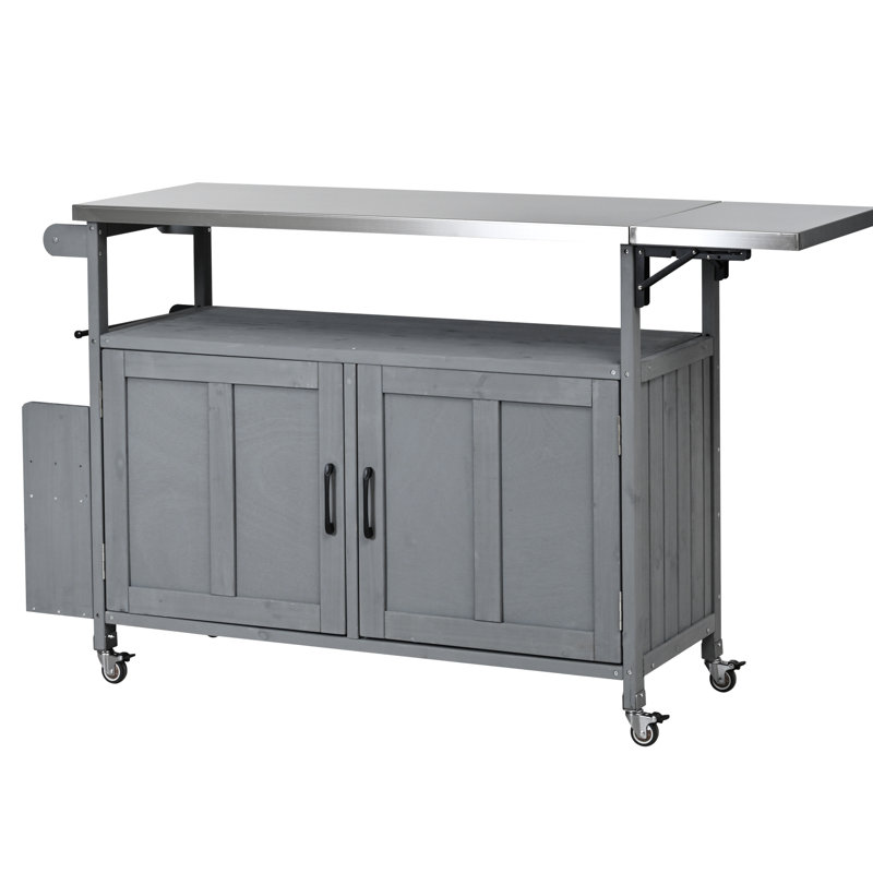 Îlot de cuisine portatif pour l'extérieur, gris, conception pliable, plateau rouille, bois de sapin, étagère réglable et support de cuisine à deux niveaux en acier inoxydable, roulettes verrouillables
