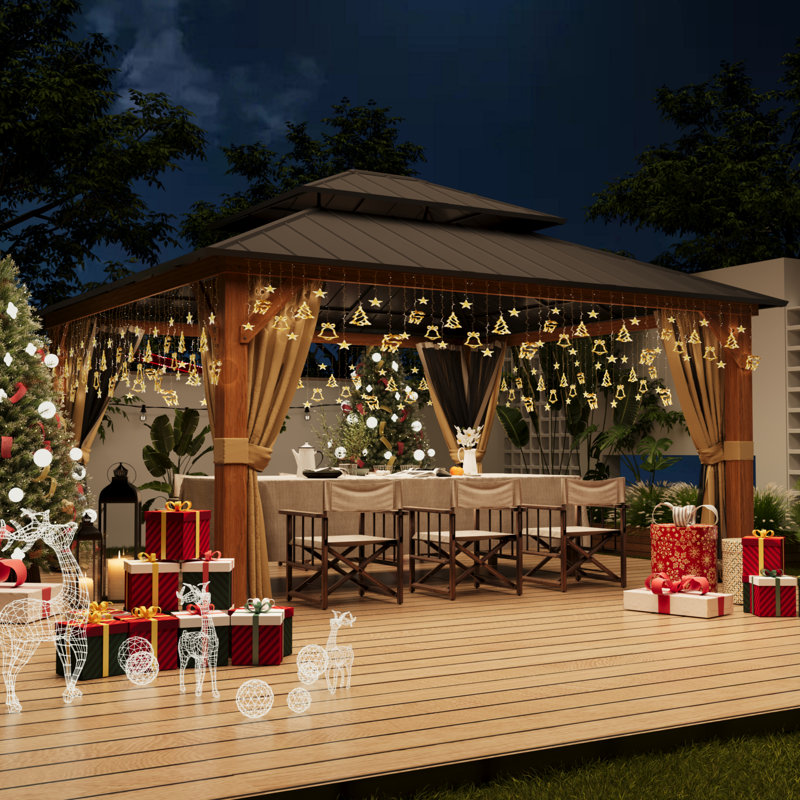 13' x 15' Permanent Solid Wood Patio Gazebo with Netting and Curtains, Outdoor Rustic Hardtop Gazebo 