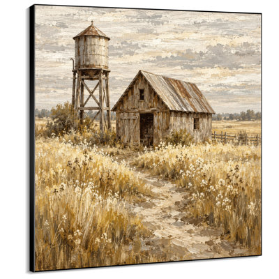 Impression sur tissu grand format - Grange rustique et château d'eau dans un champ doré pour salon ou chambre - « Assemblage du cadre requis (cadre inachevé) »