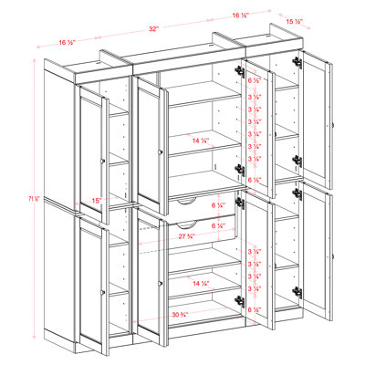 Garde-manger 100% en bois massif 65 po avec portes Shaker, 2 tiroirs et tablettes réglables