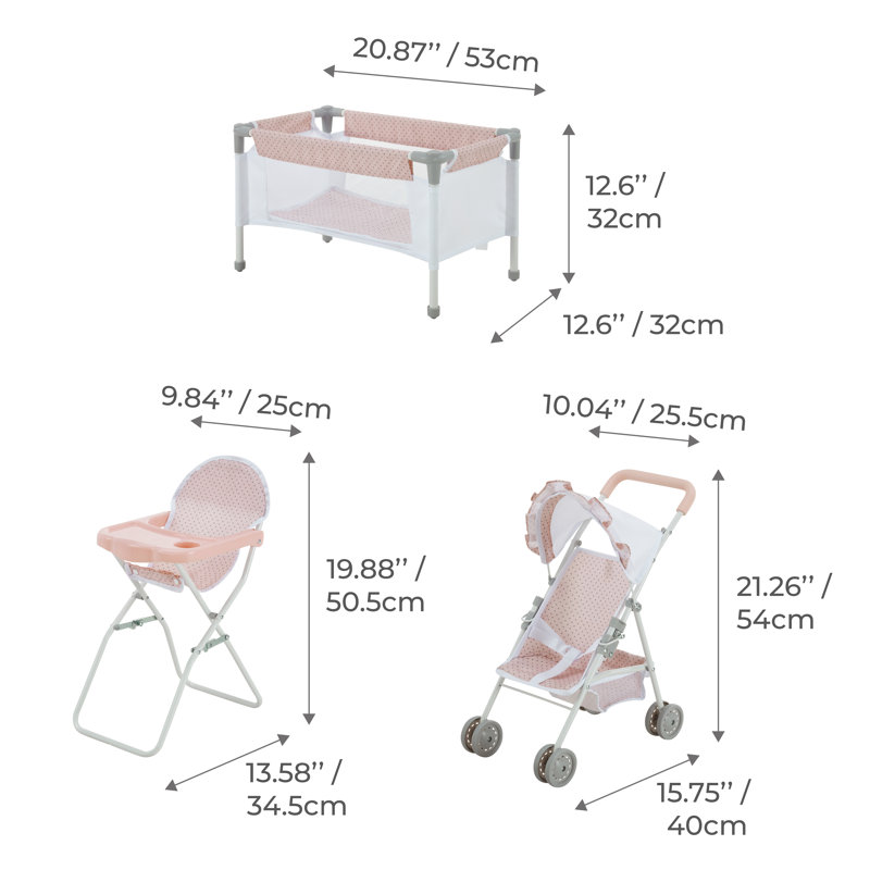 Teamson Kids Baby Doll 3pc Nursery Set - Crib, High Chair & Stroller, Pink