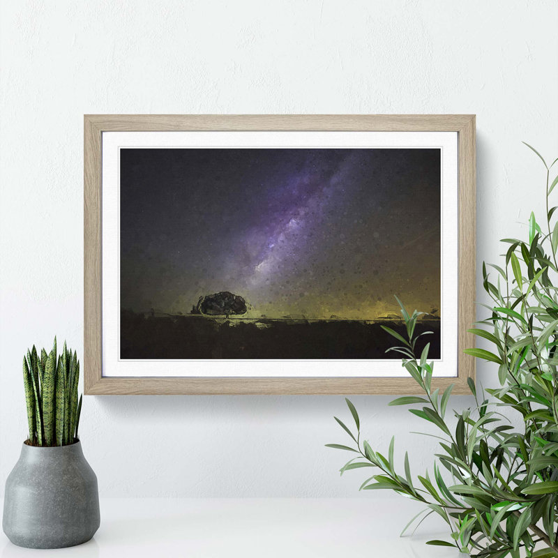 Tree Beneath the Milky Way in Abstract - Picture Frame Graphic Art Print, Oak, 35cm H x 50cm W x 2cm D