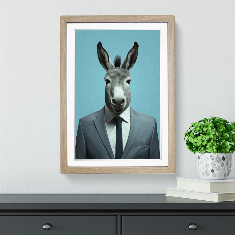 Donkey Minimalism No.2 - Single Picture Frame Print on Wood, Oak, 64cm H x 46cm W x 2cm D