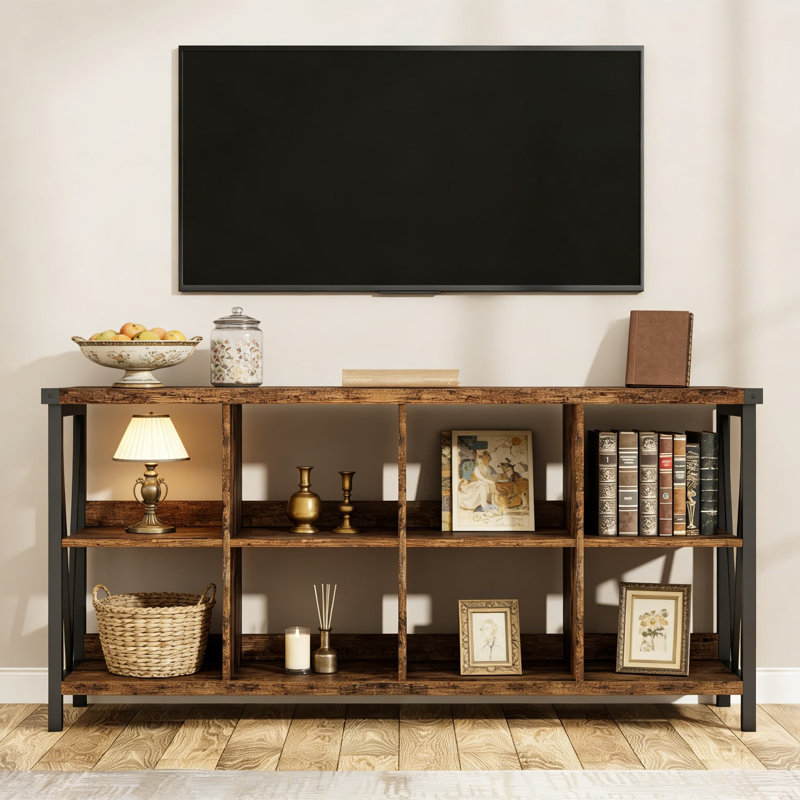Organisateur de rangement industriel industriel à 8 cubes avec cadre en métal, console rustique de 62 pouces pour salon, vestibule, meuble télé