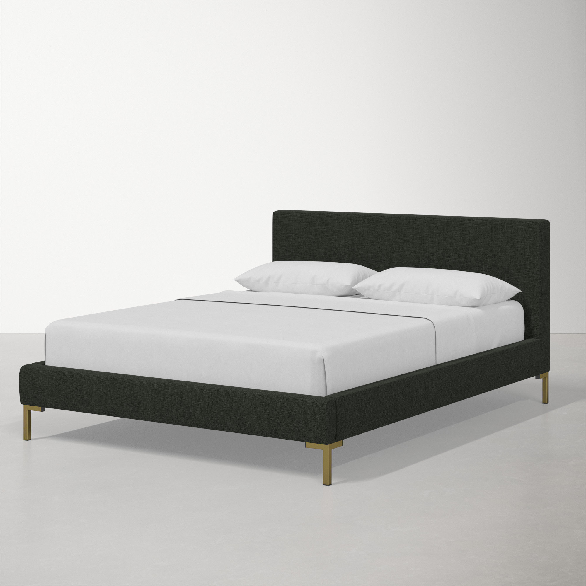 Rand Upholstered Bed, Queen, Brass, Linen Black Linen