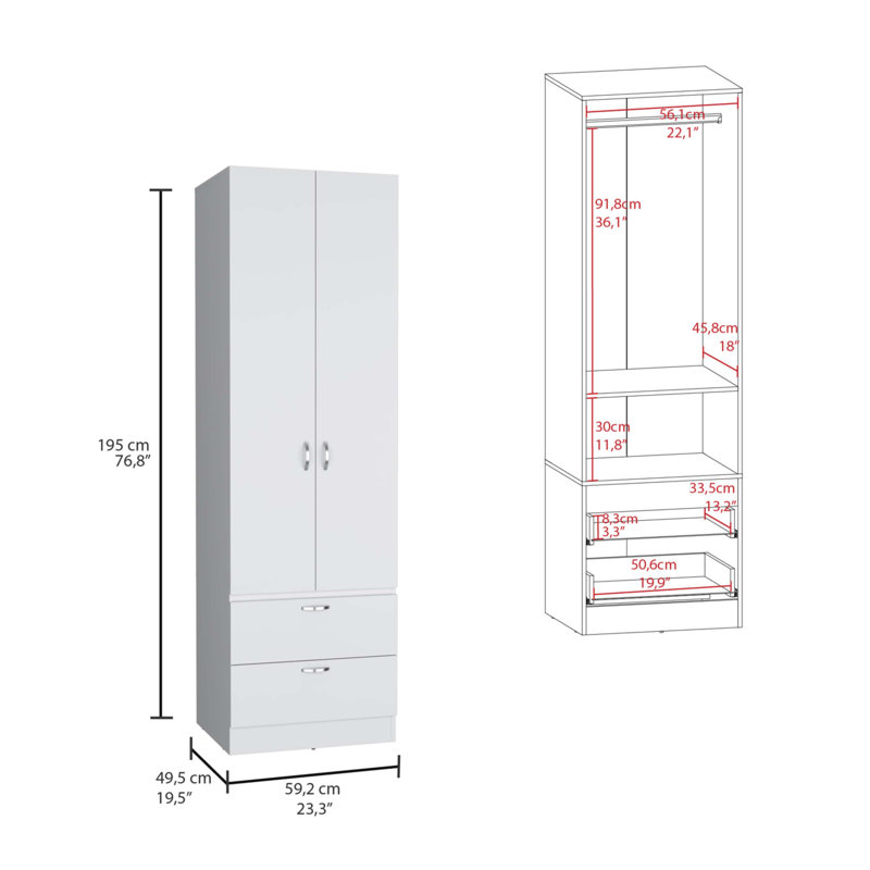 Armoire-penderie 76 po avec 2 tiroirs, Blanc