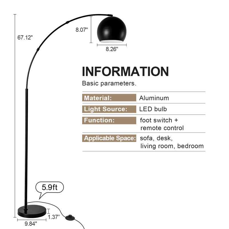 Lampe sur pied arquée / arquée à intensité variable de 67,12 po Heizler