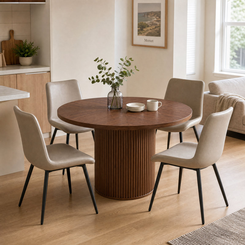 Ensemble de table de salle à manger 5 pièces en noyer avec piédestal caché, Beige clair