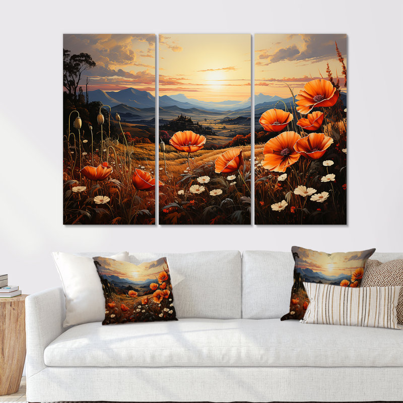 Orange Crimson Floweret Garden Serenade - ensemble d'art mural sur toile fleur, Toile tendue, H 28 po x l 36 po x P 1 po