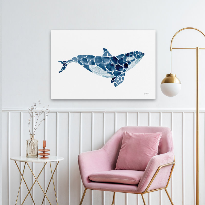 Baleine côtière; Indigo nautique bleu blanc bord de mer indigo, H 36 po x l 24 po