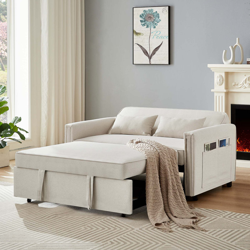 Indoor Contemporary Sofa Sleeper Sofa Bed With 2 Lumbar Pillows And Side Pocket For Home, Ivoire lin 1
