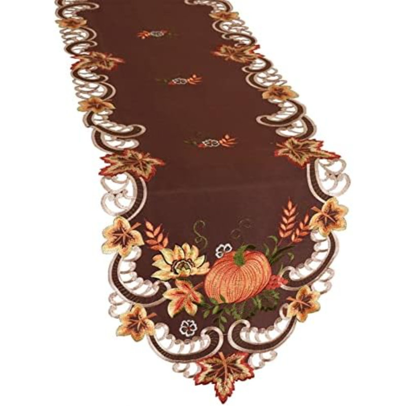Chemin de table brodé brun avec des citrouilles pour la fête des récoltes d'automne (14 × 34 pouces), 14" L