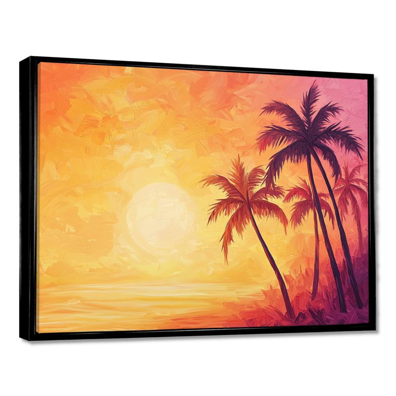 Coucher de soleil Oasis Palm Trees II - Décoration murale palmiers, H 16 po x l 32 po, Reproduction avec cadre flottant, Noir