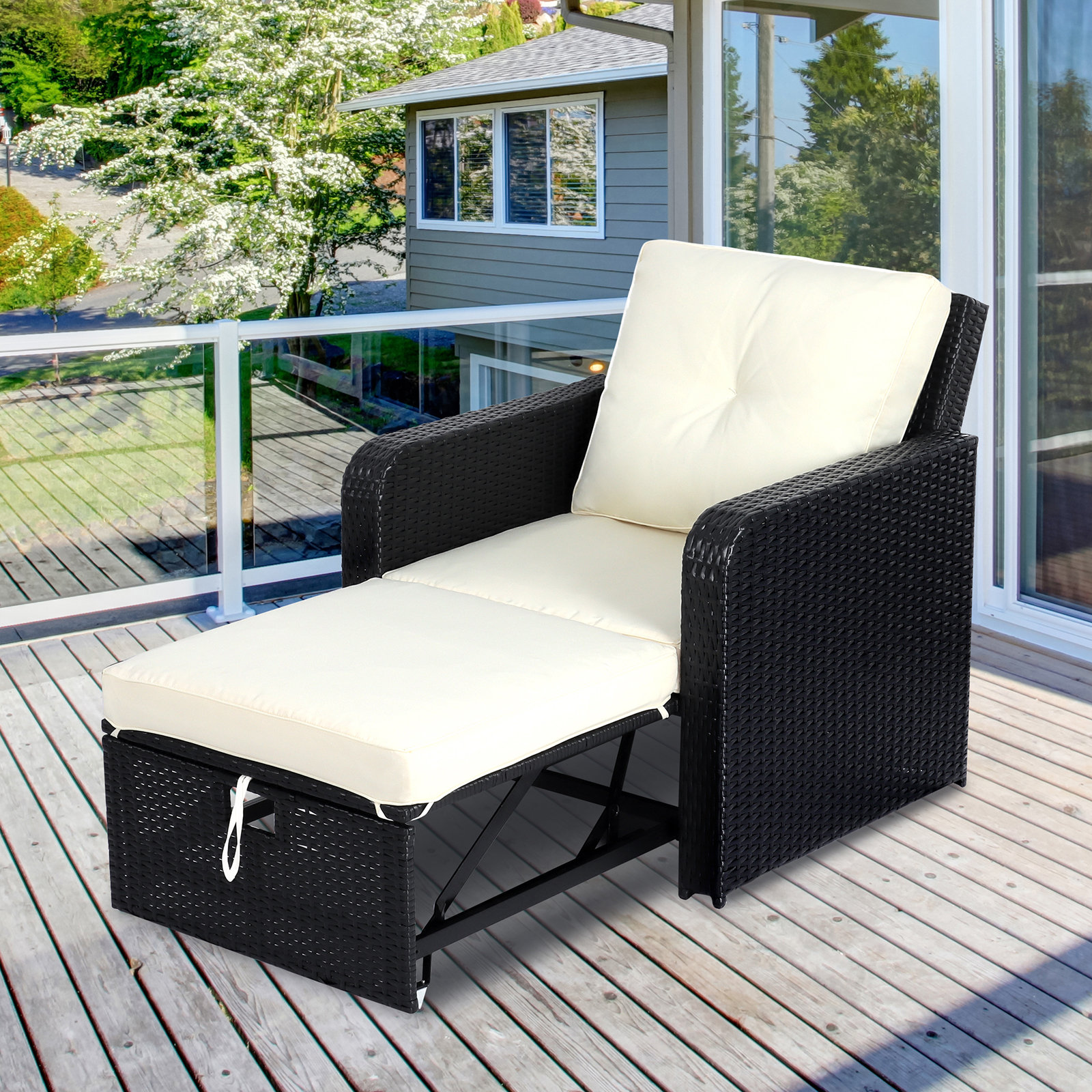 Wicker Chaise Lounge With Cushions ITOPFOX Black PE Wicker Outdoor