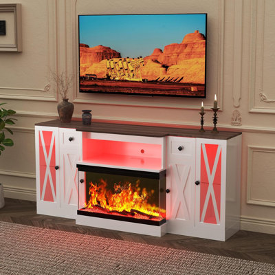 70" Farmhouse TV Stand with 30" Panoramic Glass Electric Fireplace and LED Lights, White Entertainment Centre with Glass Door Storage