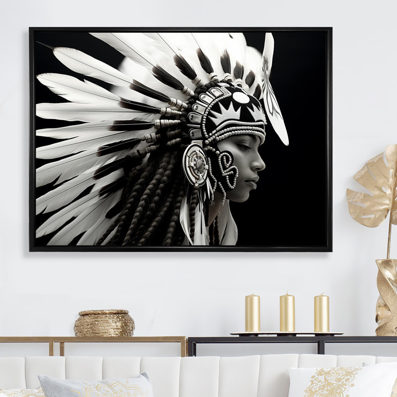 «Native Spirit» noir et blanc sur toile, Cadre flottant noir, H 24 po x l 32 po x P 1 po