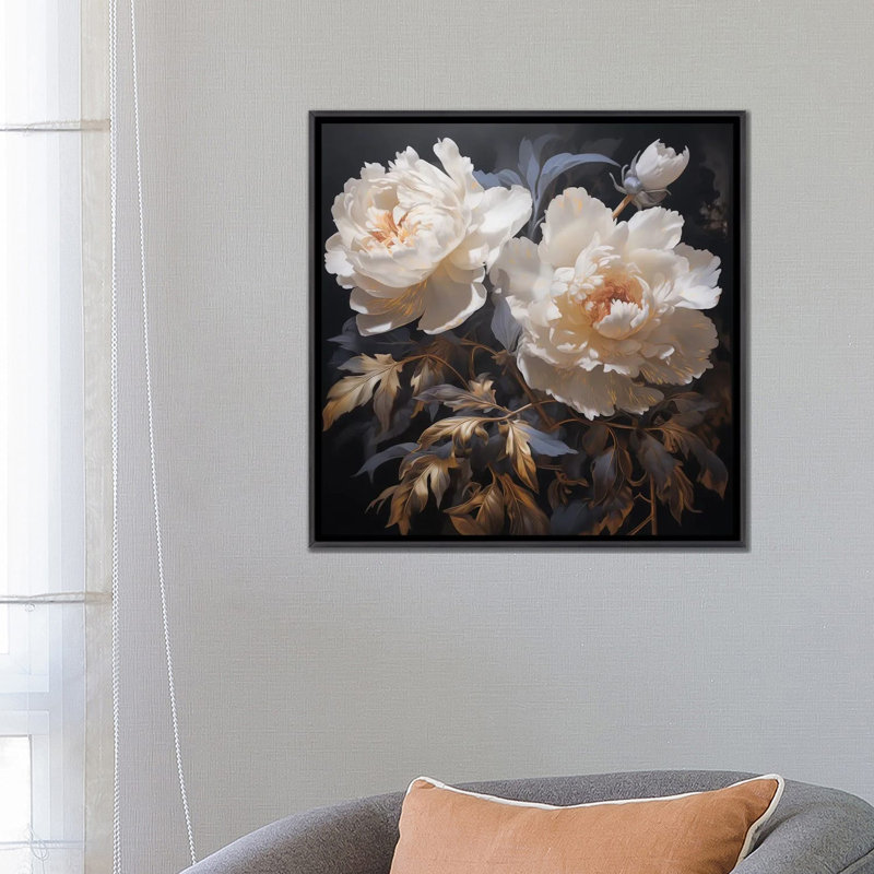 Or pivoines - reproduction d'art murale, H 26 po x l 26 po, Reproduction encadrée sans passe-partout, Noir patiné