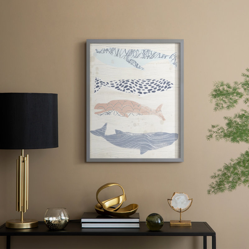 Reproduction encadrée à motif de baleine I - bois massif, Gris, H 11 po x l 9 po