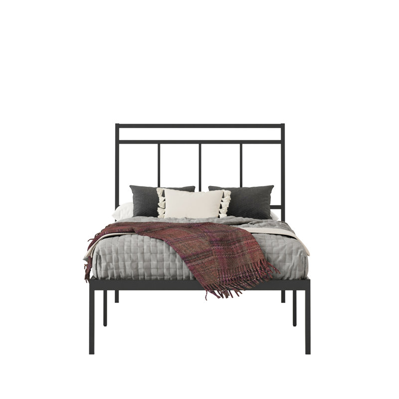 Lit industriel simple avec tête de lit en métal noir et tête de lit de style contemporain, cadre robuste avec lattes horizontales, assemblage rapide, décor complémentaire