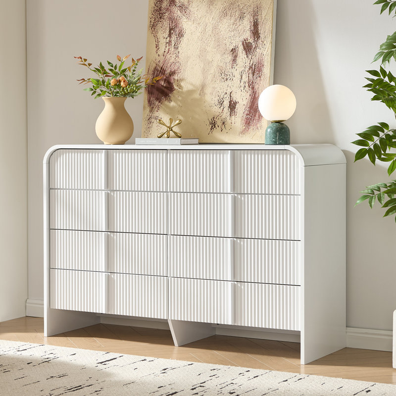 Commode double l 47,2 po avec 8 tiroirs, organisateur de rangement moderne, conception à profil courbé, Blanc
