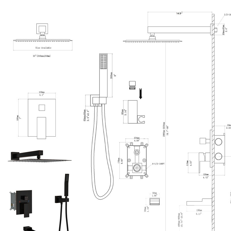 Shower Kit With Waterfall Tub Spout - 10 Inch Wall Mounted Square, 3 Function, Rain Head, Handheld, 10" Square In Spout, Rainfall Shower, Handheld Element
