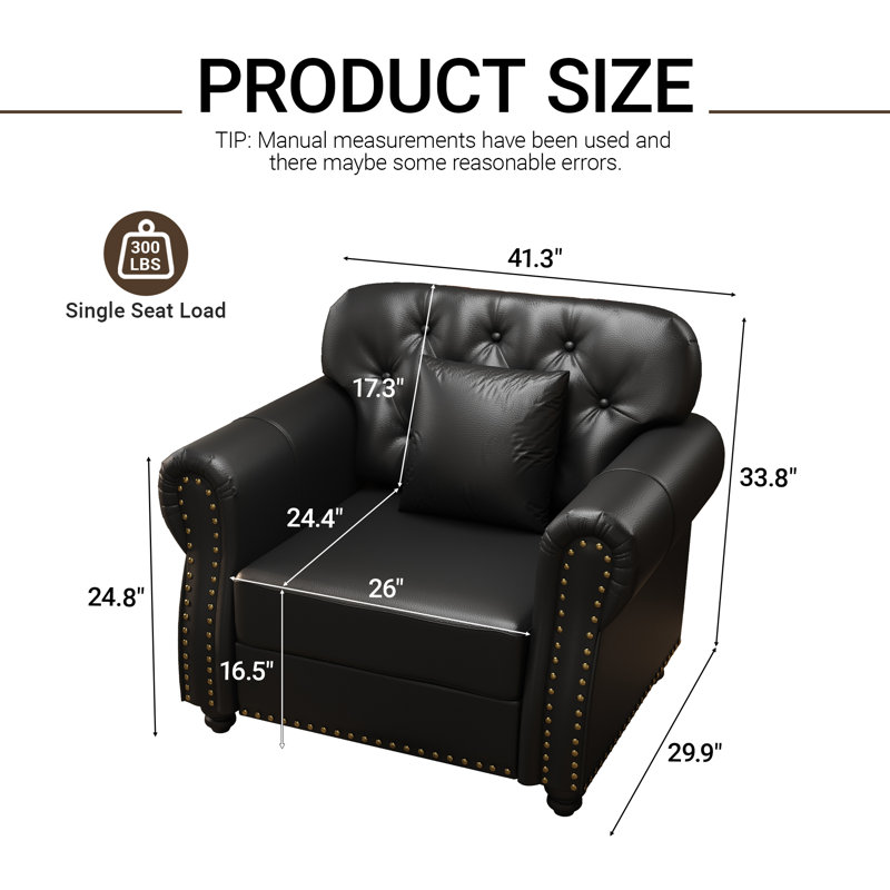Fauteuil rembourré en similicuir de 41 po avec coussin 41 po, Noir