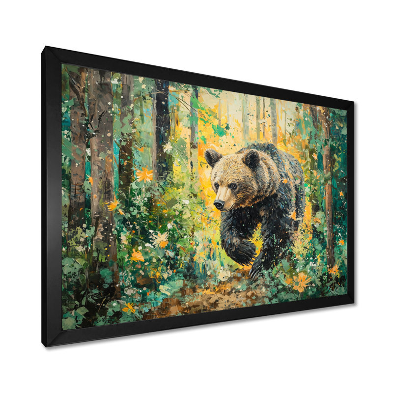 Ours dans la forêt printanière II - ours, art mural, H 12 po x l 20 po, Cadre flottant, Noir