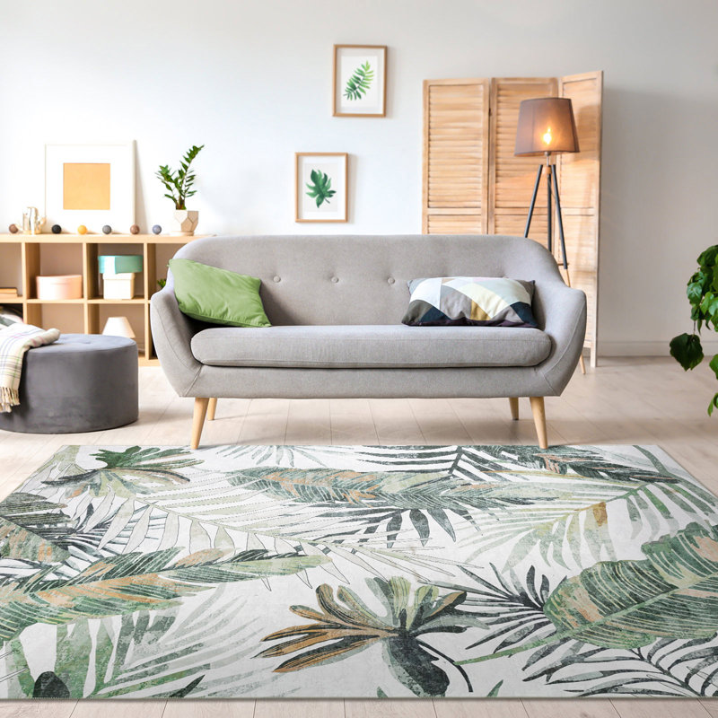 Tapis vert / ivoire lavable à la machine et pliable Jasmine, Rectangle 8 pi x 10 pi