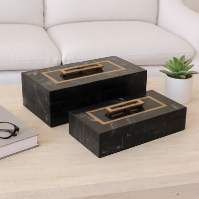 Caladendra Decorative Storage Boxes Resin Wood Fabric Polyresin Aluminum Modern Inlay Contemporary Home Office Bedroom Living Room Set Of 2 - 5", 4" Black & Gold