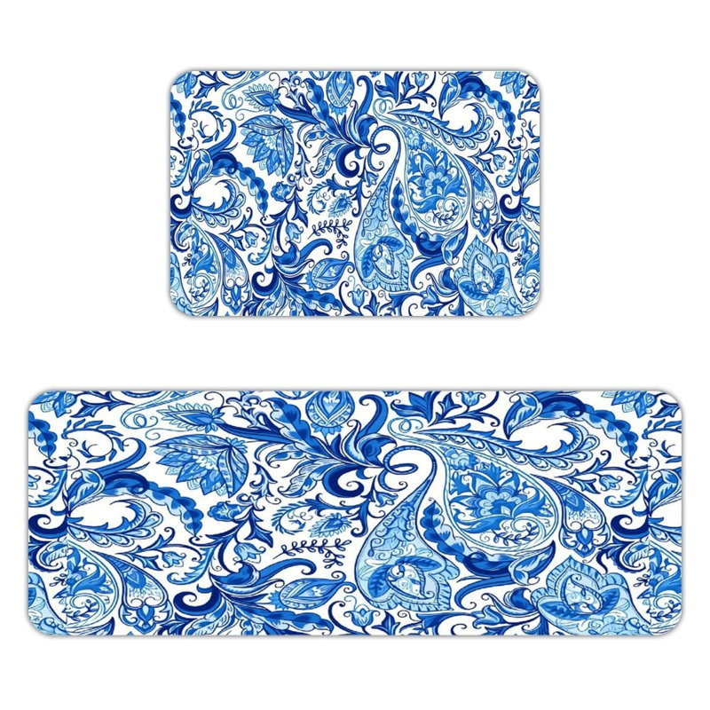 Ensemble de 2 tapis de cuisine à motif cachemire bleu et blanc