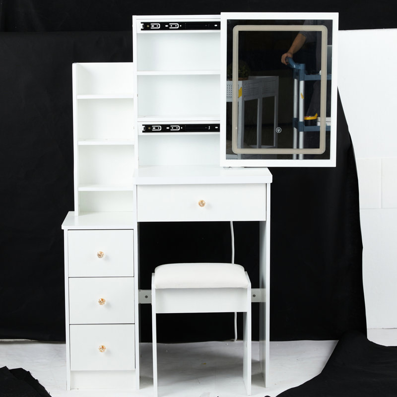 Small Size Left Bedside Vanity, Led Mirror With Touch Control & 3 Color Lights, Adjustable Brightness, Cushioned Stool, White , For Areas, American Style Compact Vanity And Stool - Lights Brightness